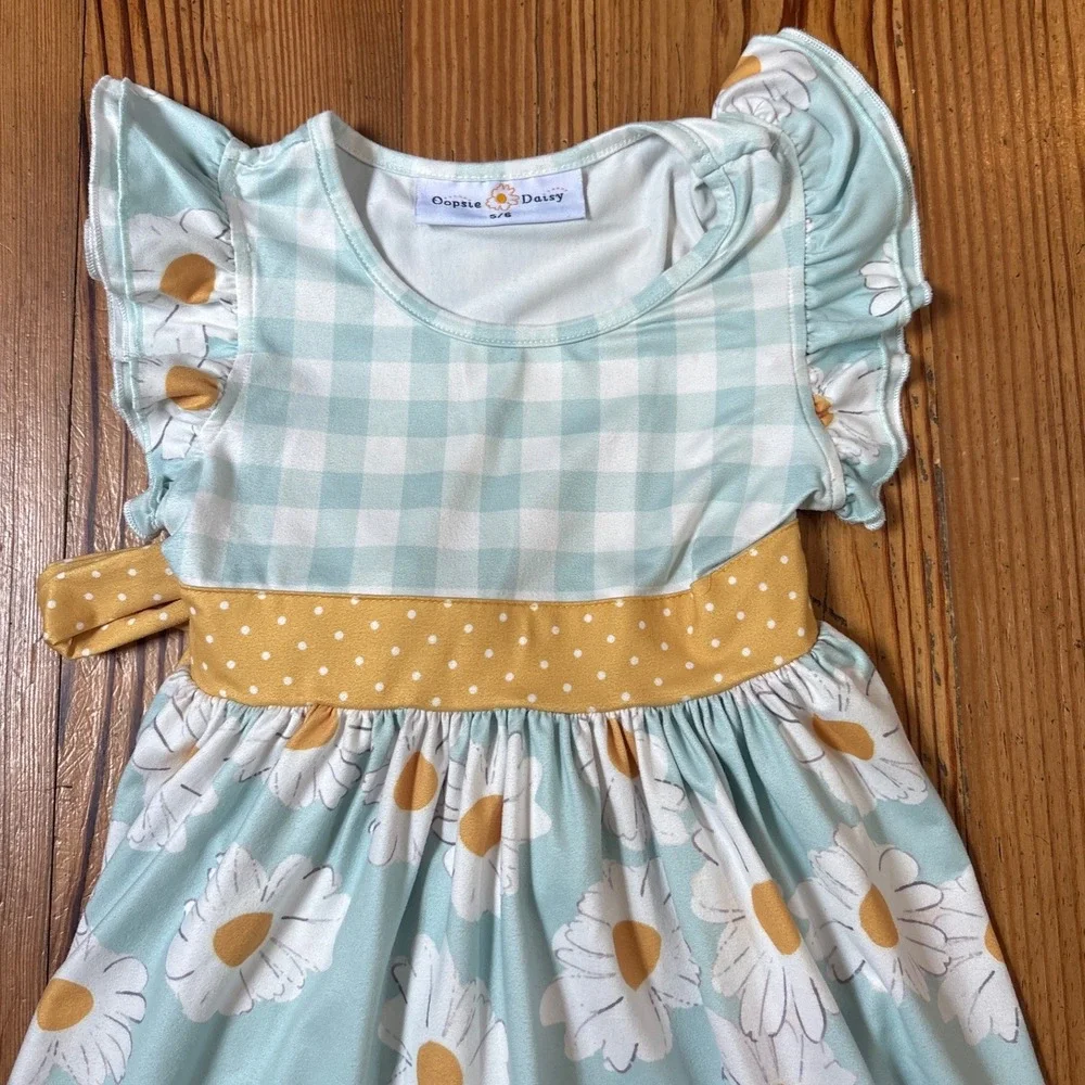 Oopsie Daisy Dress Kids Blue Gingham Floral Ruffle Sash SIZE 5/6